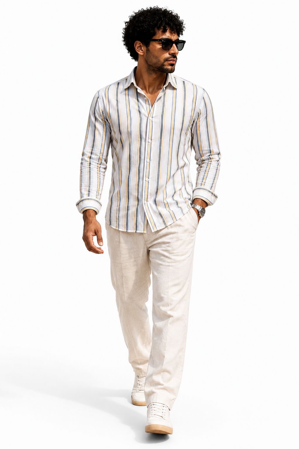 White Multicolor Striped Linen Shirt