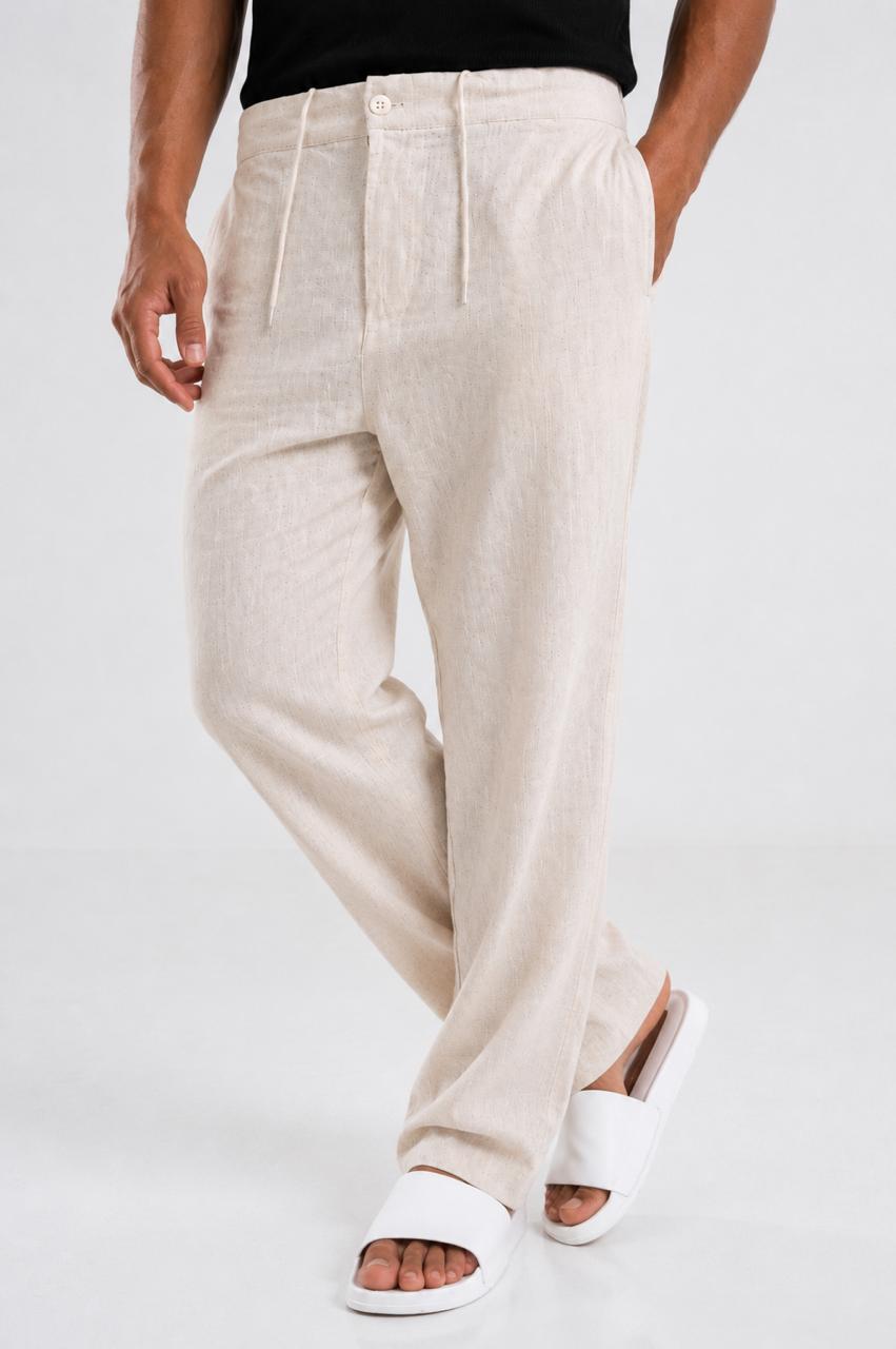 Beige Linen Drawstring Pants