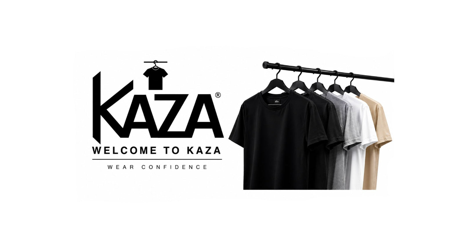 Kaza clothing brand logo with t-shirts on hangers against a white background