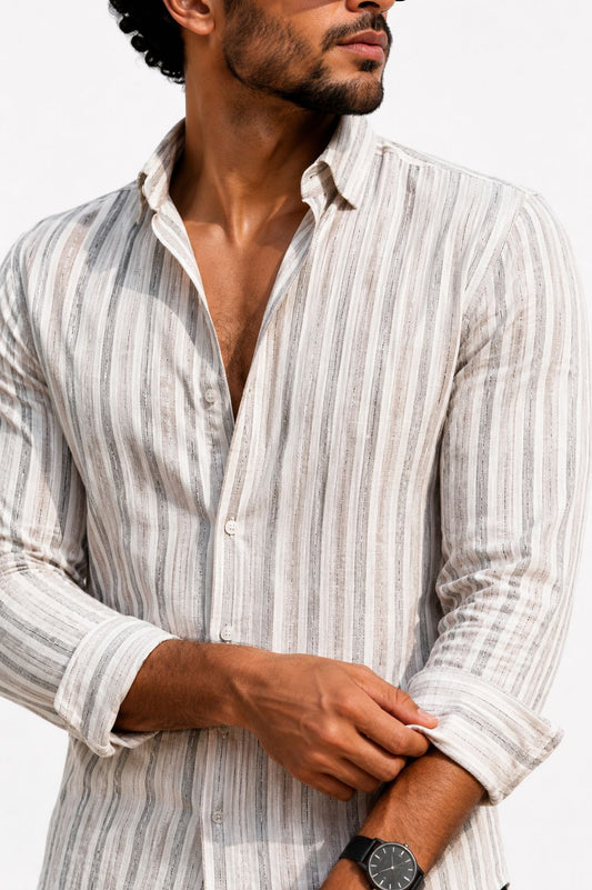White Grey Textured Striped Shirt